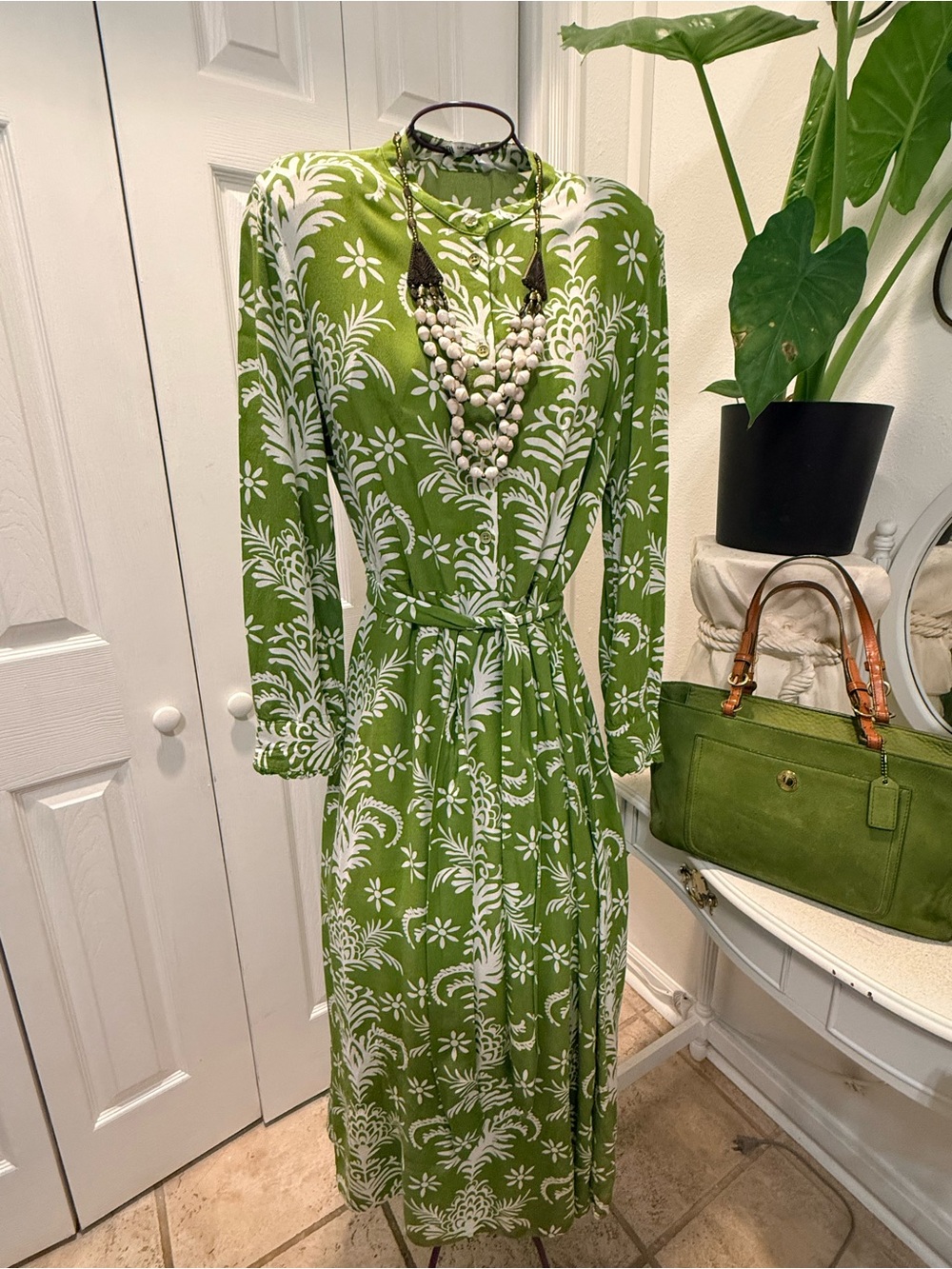 Zara Green Floral Print Long Sleeve Midi Dress